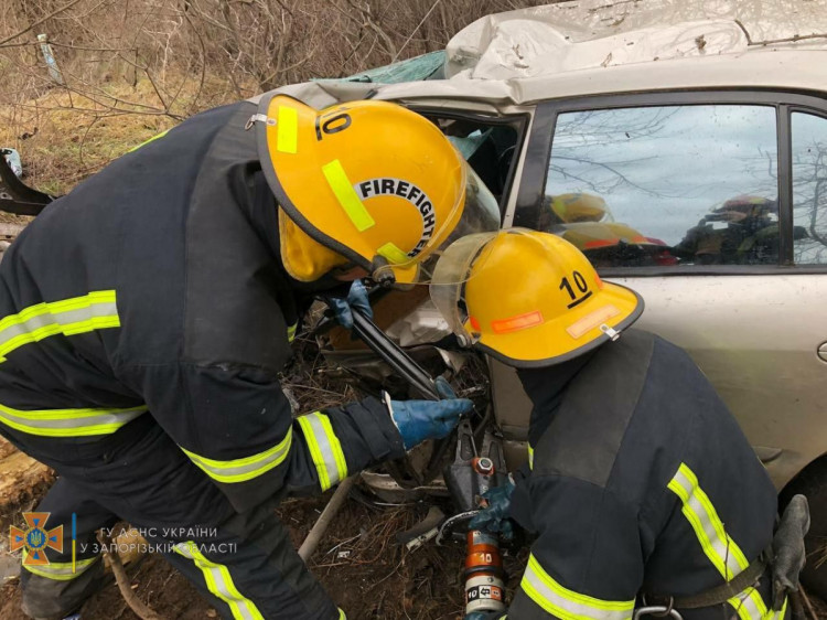 У Запорізькій області водій Мазди розбився об дерево, чоловіка витягували рятувальники